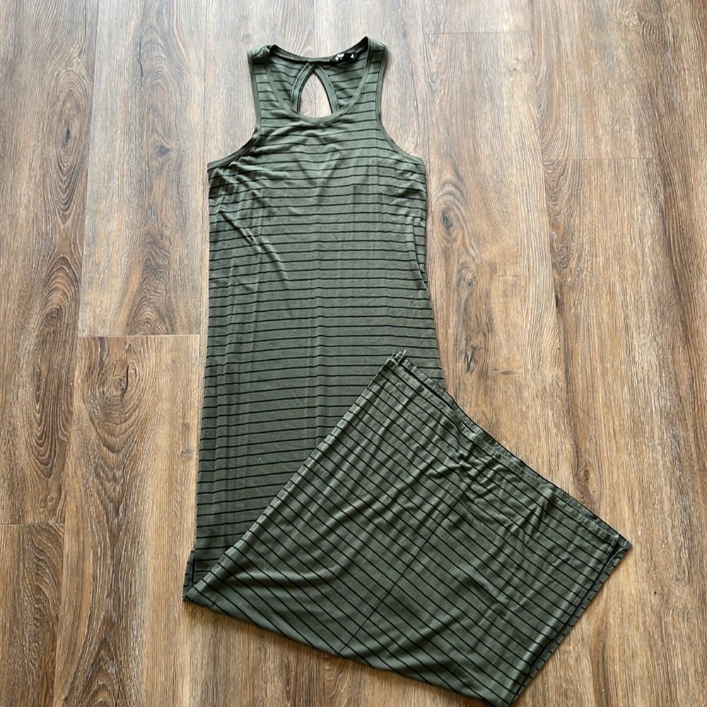 Express Olive Green striped maxi dress with keyhole cutout and slits
